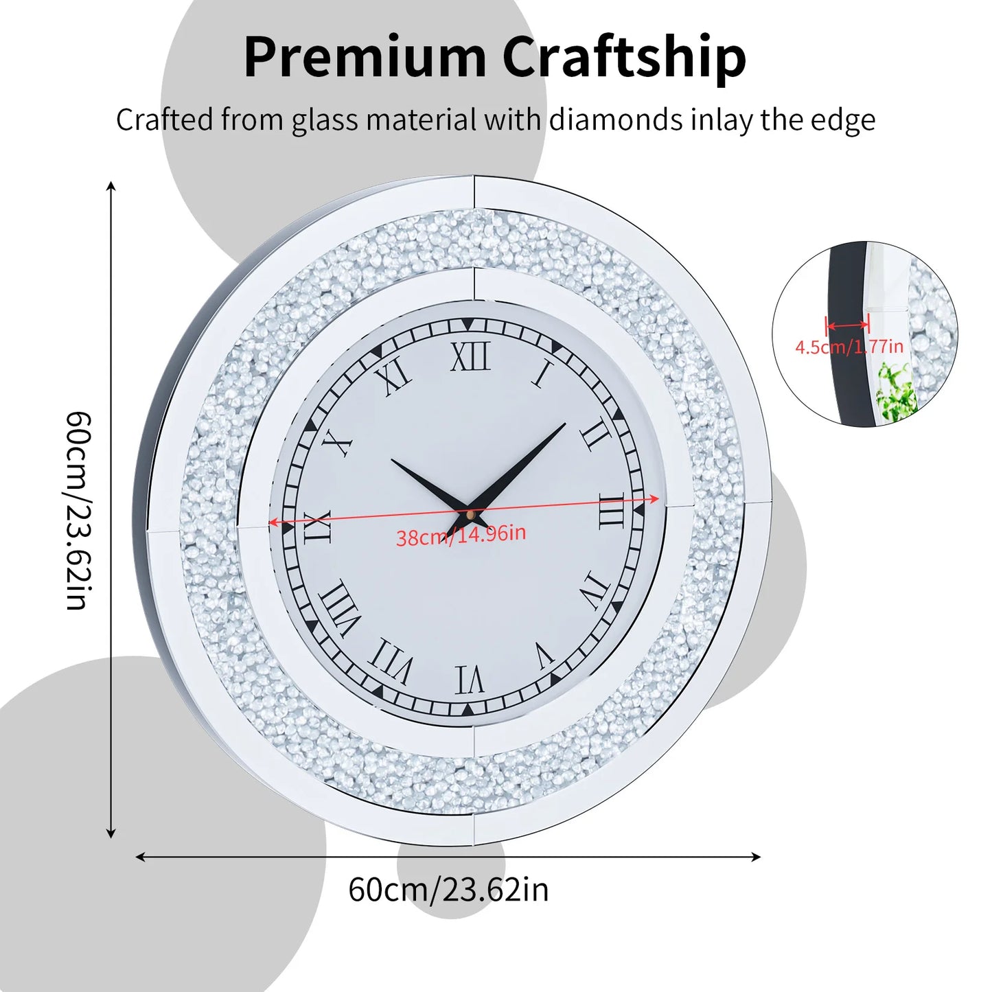 Bling Silver Mirrored Wall Clock – Glam Sparkle Diamond Style for Luxe Home Décor