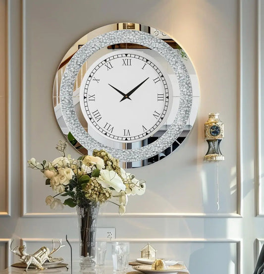 Bling Silver Mirrored Wall Clock – Glam Sparkle Diamond Style for Luxe Home Décor