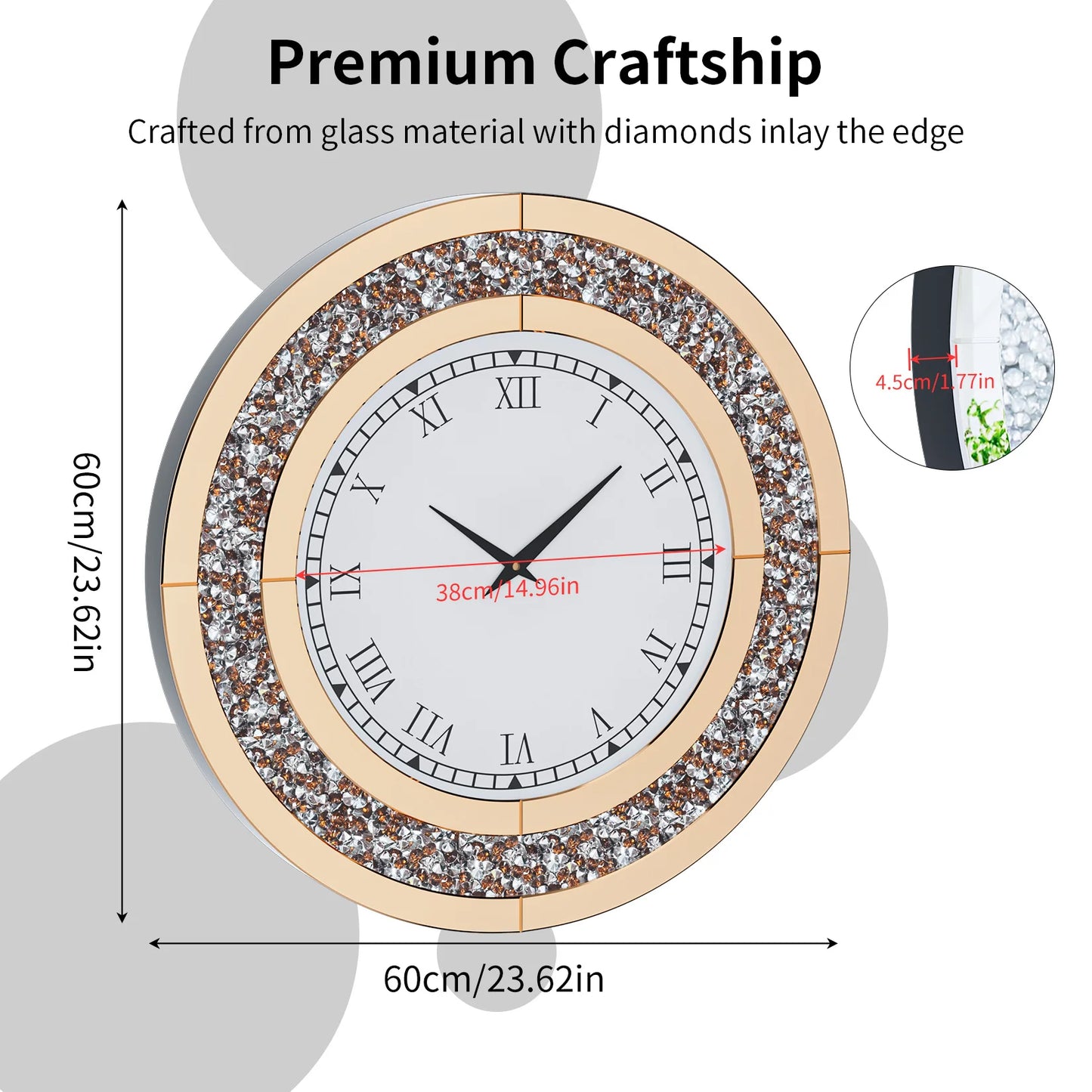 Bling Silver Mirrored Wall Clock – Glam Sparkle Diamond Style for Luxe Home Décor