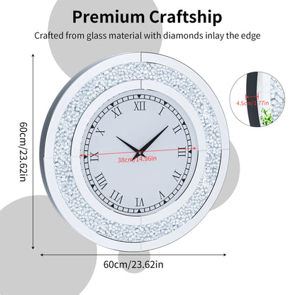 Bling Silver Mirrored Wall Clock – Glam Sparkle Diamond Style for Luxe Home Décor